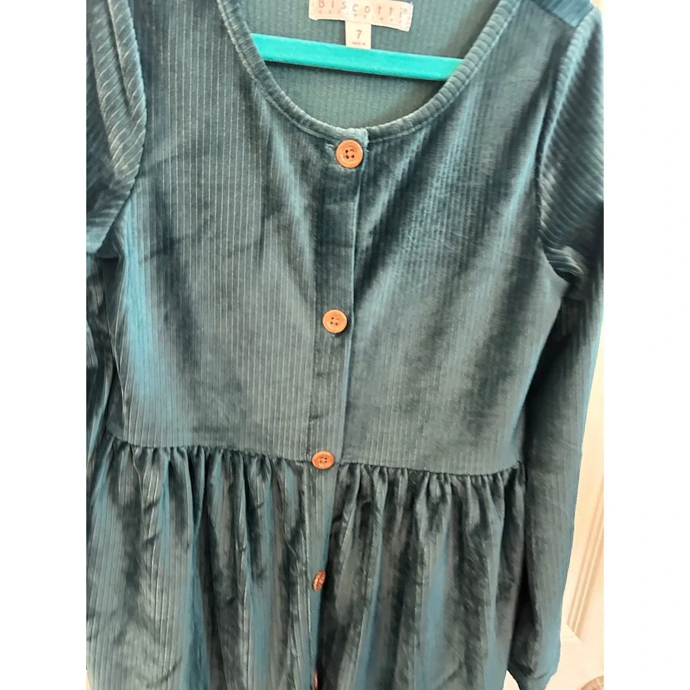 Biscotti Dress Teal Blue Corduroy Tiered Button Front Long Sleeve Kids 7